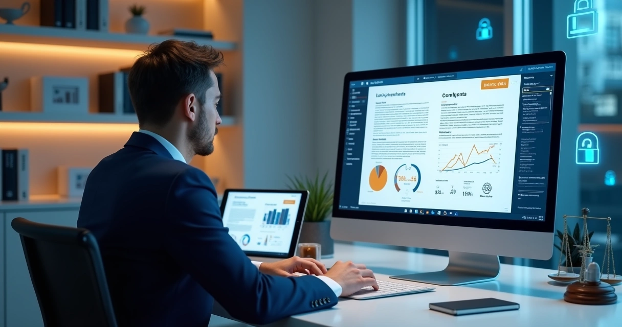 Advogado analisando contrato em computador com interface de inteligência artificial jurídica na tela