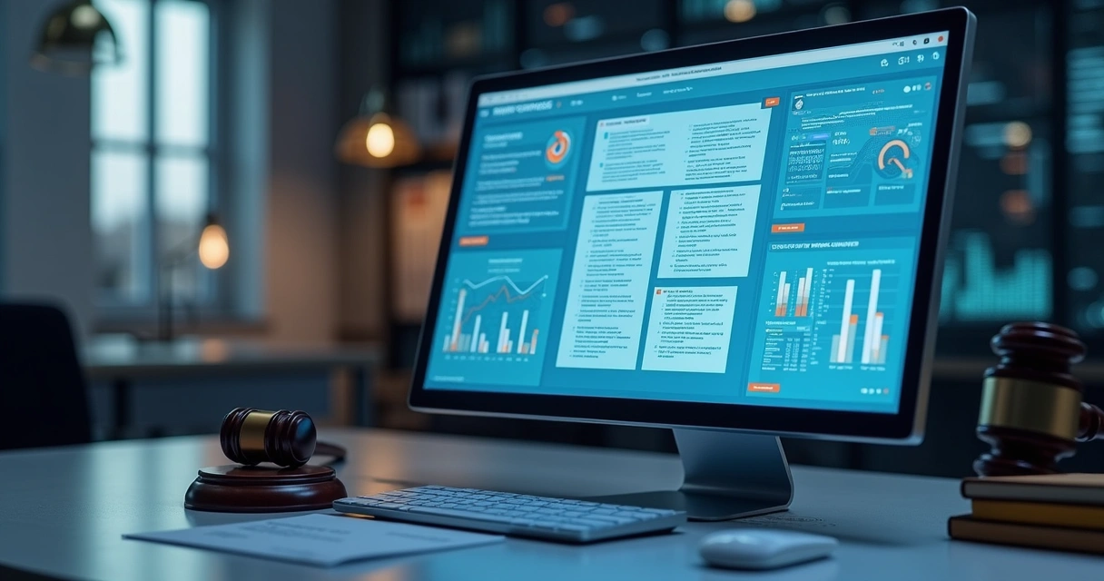 Interface digital de inteligência artificial analisando contratos jurídicos em tela de computador com gráficos e texto destacado