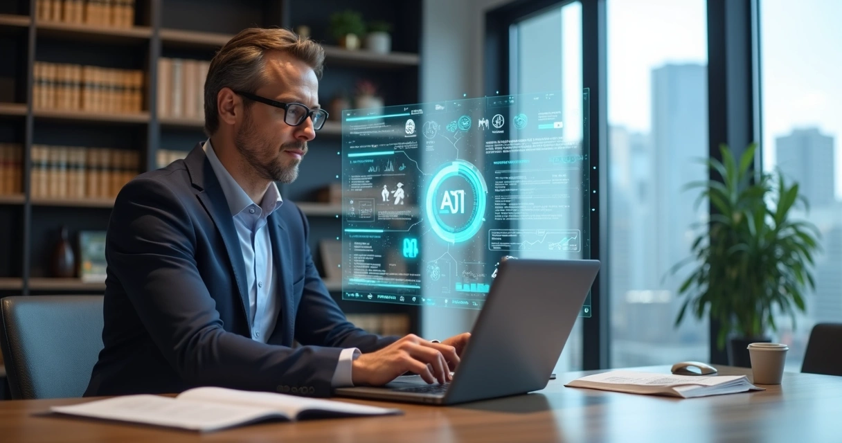 Advogado utilizando plataforma digital para analisar contratos em escritório moderno