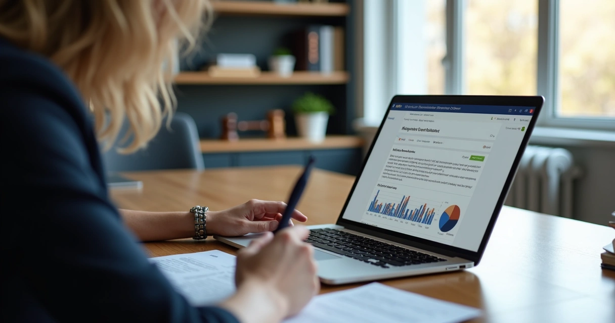 Advogado sentado em escritório moderno usando plataforma de inteligência artificial no laptop para revisão de contratos