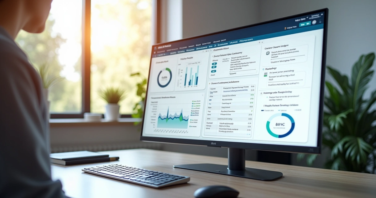 Tela de computador exibindo plataforma digital de análise de contratos com inteligência artificial, mostrando resumos e gráficos de cláusulas