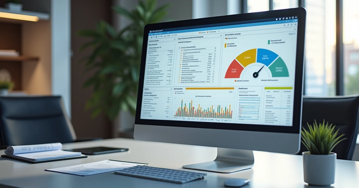 Computador exibindo dashboard de análise de contratos com gráficos de risco e sugestões de negociação