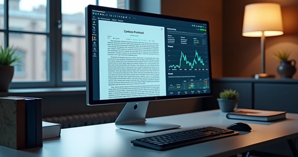Tela de computador exibindo análise detalhada de contratos com gráficos e cláusulas destacadas por IA