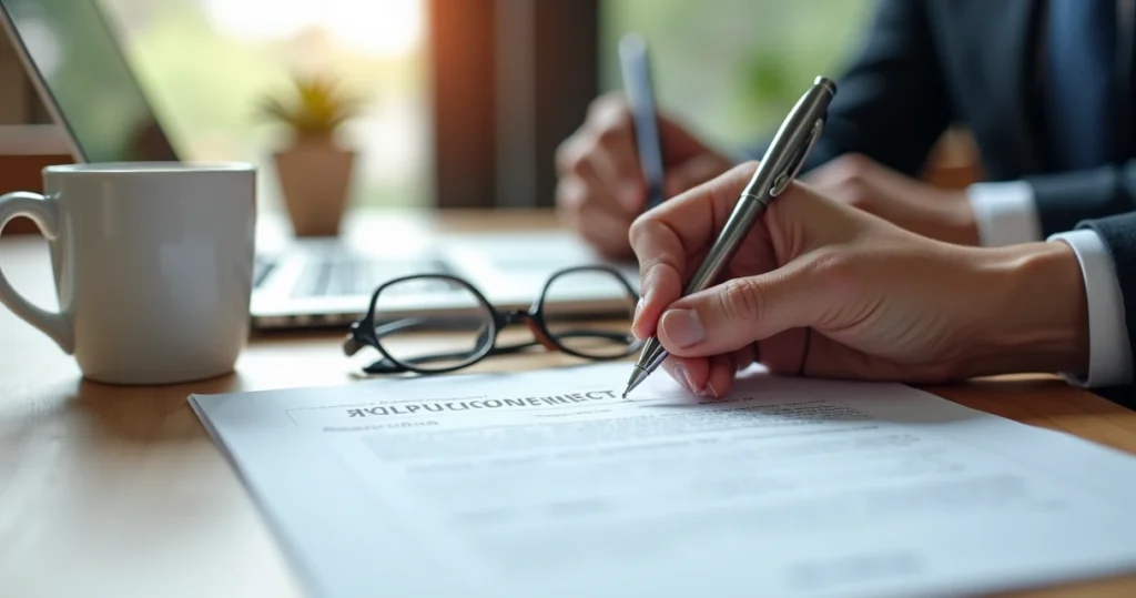 Mesa de reunião com contrato em destaque, caneta sobre documento, mãos assinando contrato, ambiente de escritório moderno e organizado