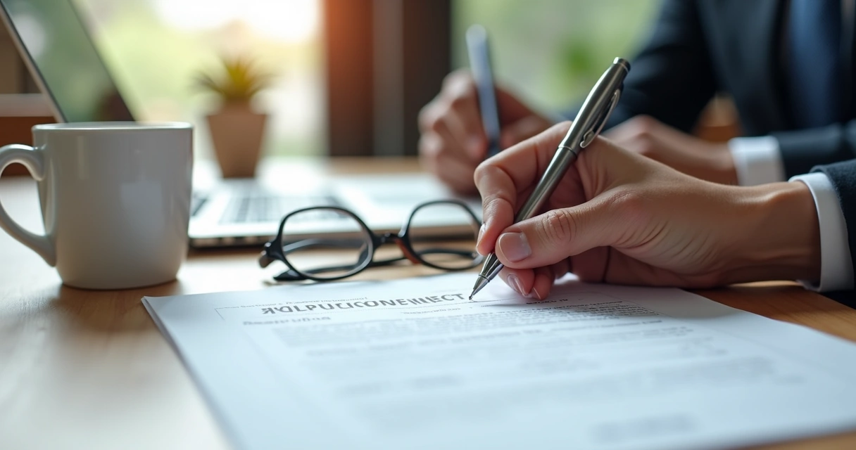 Mesa de reunião com contrato em destaque, caneta sobre documento, mãos assinando contrato, ambiente de escritório moderno e organizado