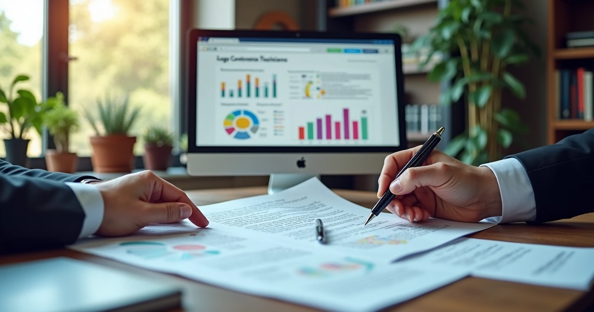 Advogado analisando documentos digitais de contratos exibidos em tela de computador com gráficos visuais e interface intuitiva de legal design