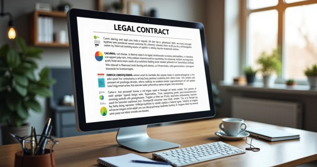 Documento de contrato digital em tela de computador com elementos visuais claros e organizados