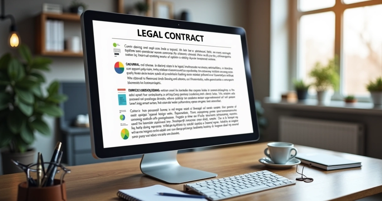 Documento de contrato digital em tela de computador com elementos visuais claros e organizados