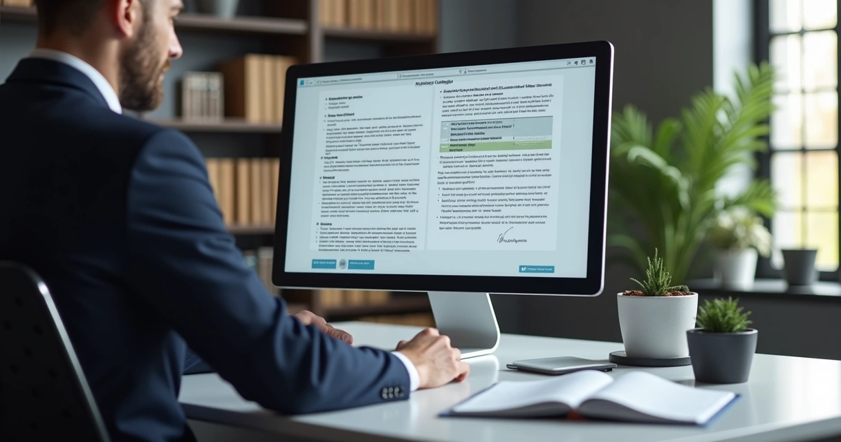 Advogado revisando contrato digital em computador com gráficos e textos legais na tela