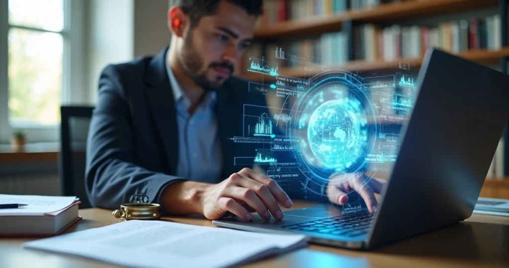 Advogado analisando contratos digitais em laptop com gráficos e elementos de inteligência artificial na tela