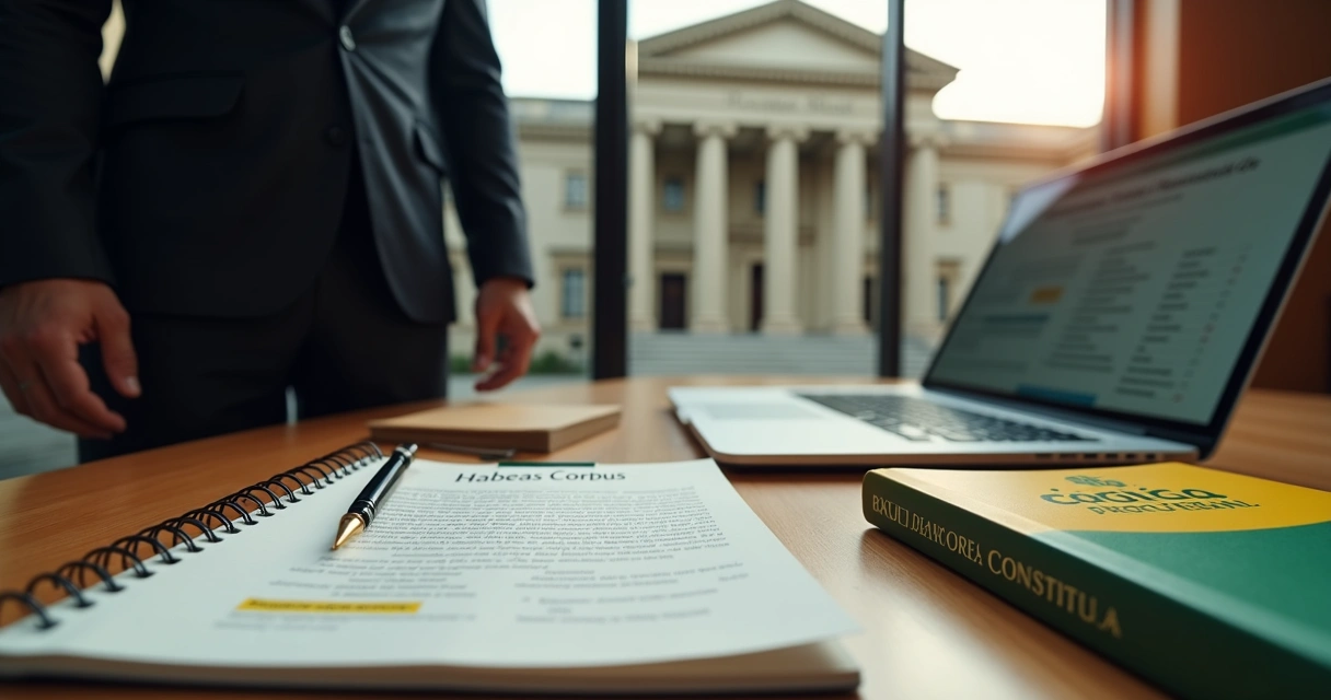Advogado analisando pedido de habeas corpus em frente a tribunal