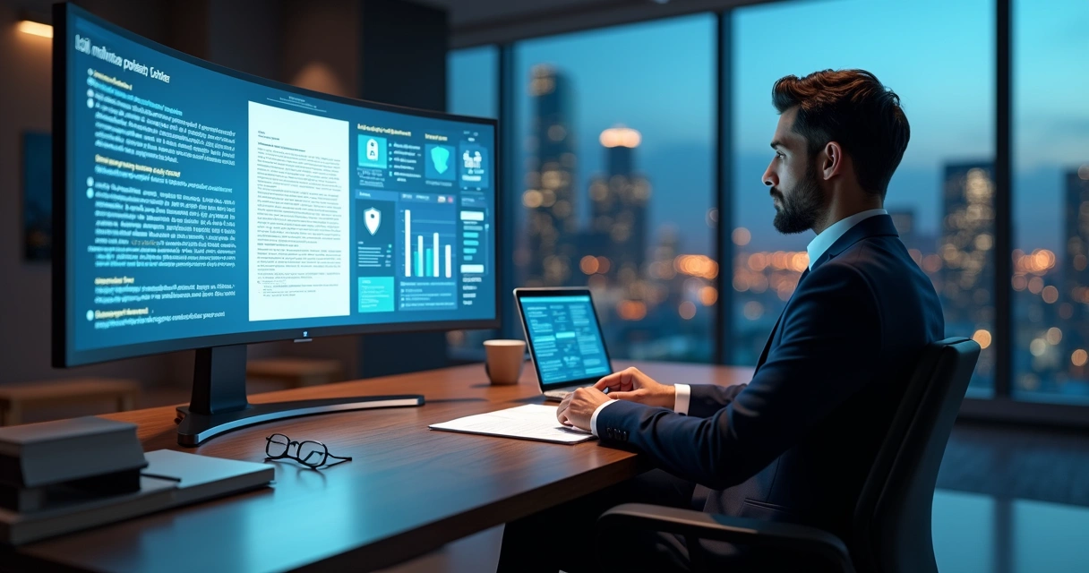 Advogado analisando contrato em tela com interface de inteligência artificial jurídica