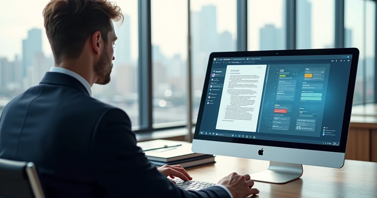 Advogado analisando contrato em tela com interface de inteligência artificial no escritório