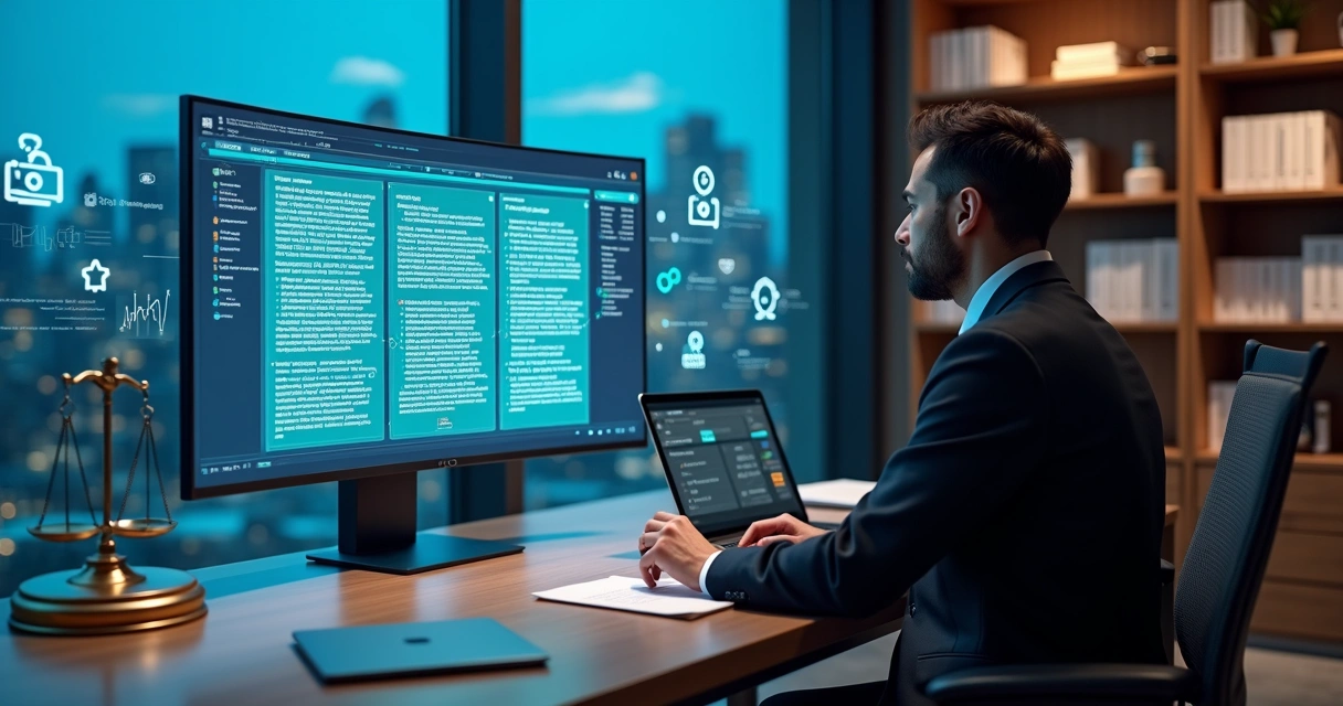 Advogada analisando contrato em tela com ícones de inteligência artificial jurídica ao fundo