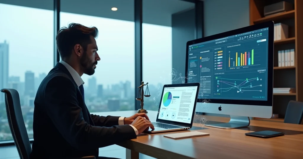 Advogado analisando contrato digital com painel de CLM e ícones de automação jurídica