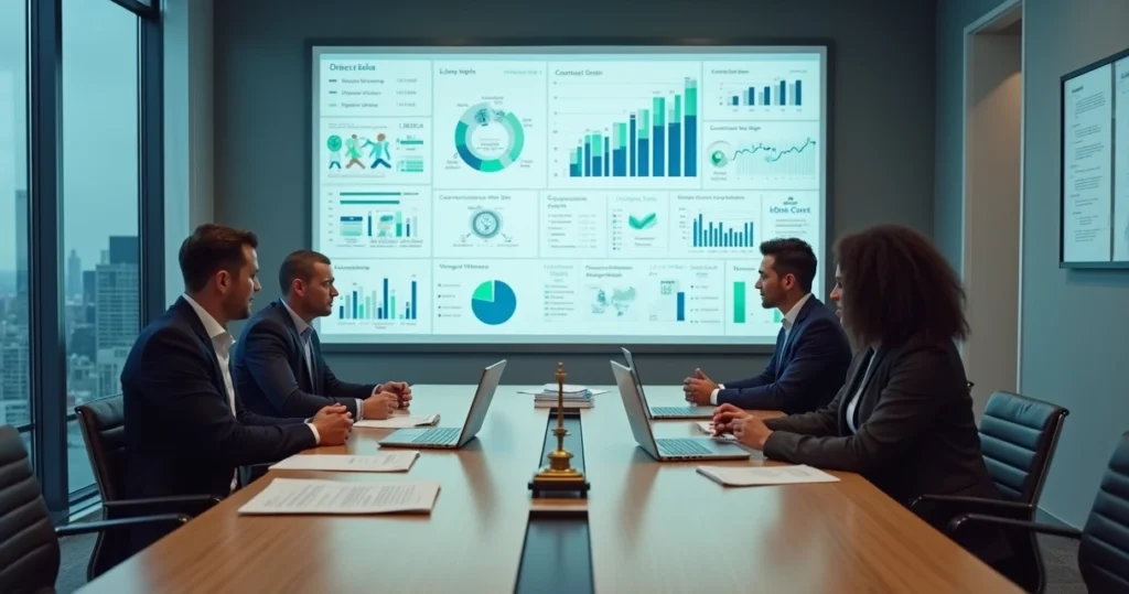 Equipe jurídica analisando dados e contratos em painel digital moderno