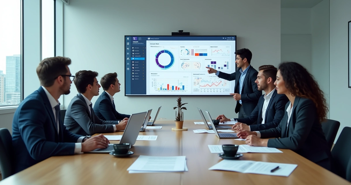 Equipe jurídica em escritório moderno analisando gráficos de gestão em tela gigante