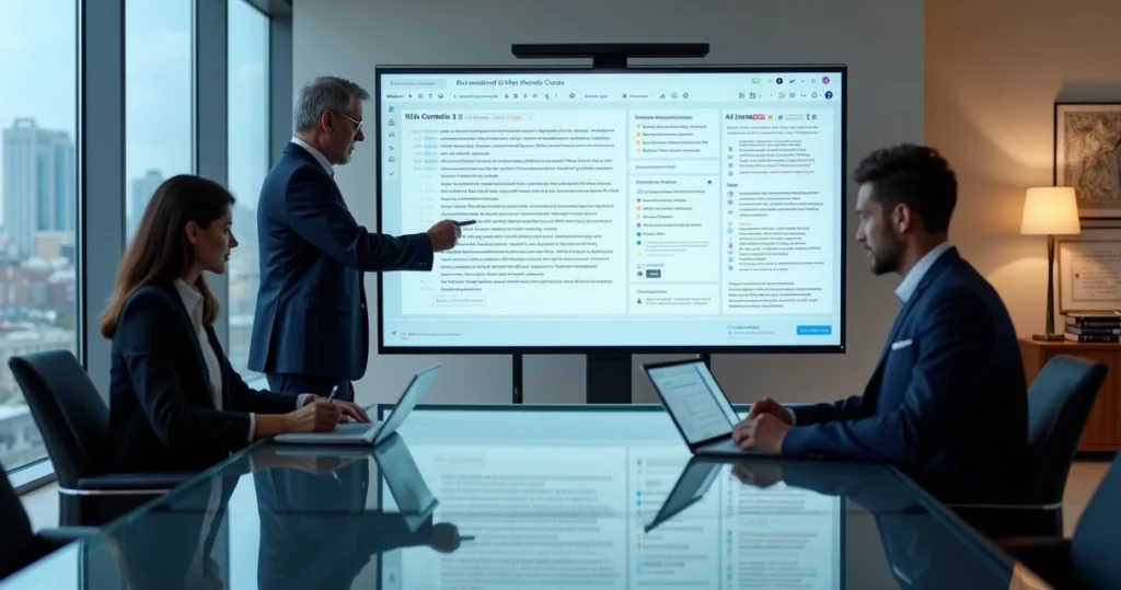 Advogados analisando contratos em tela com interface de inteligência artificial
