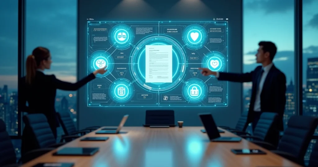 Painel digital com múltiplos agentes de IA colaborando em contratos em um escritório de advocacia moderno