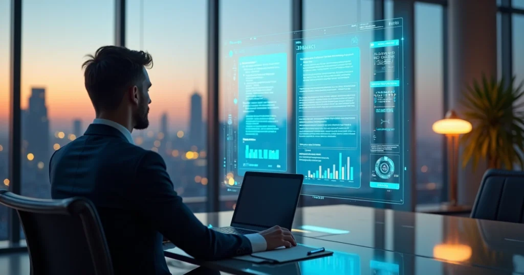 Advogada utilizando chat jurídico com IA em tela transparente num escritório moderno