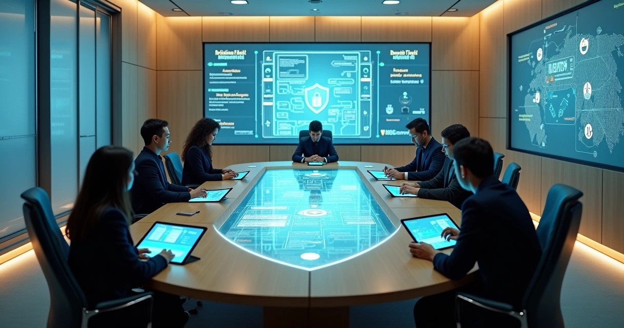 Sala de governança com mesa em formato de escudo exibindo contratos e gráficos digitais ao centro