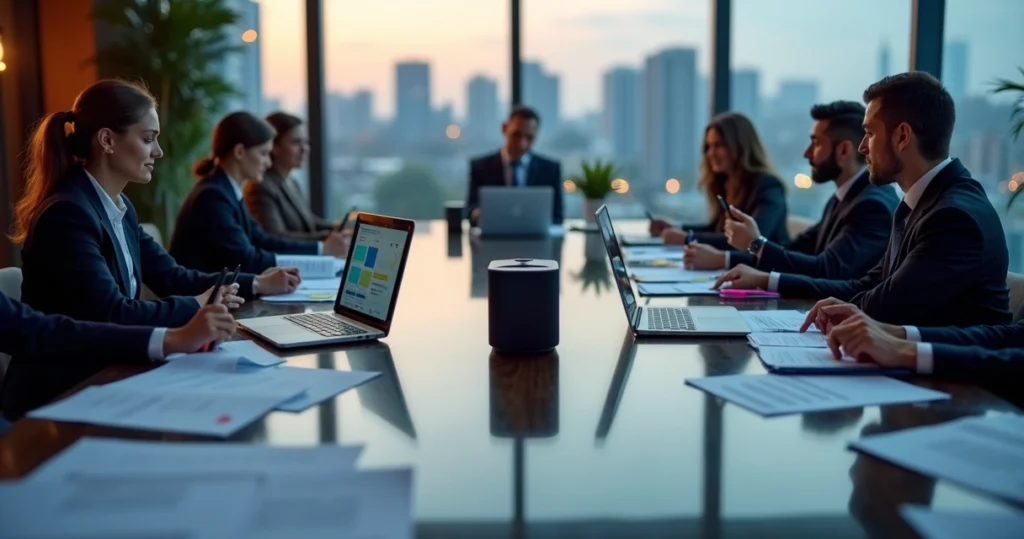 Comparação visual entre equipe terceirizada e software jurídico em escritório moderno