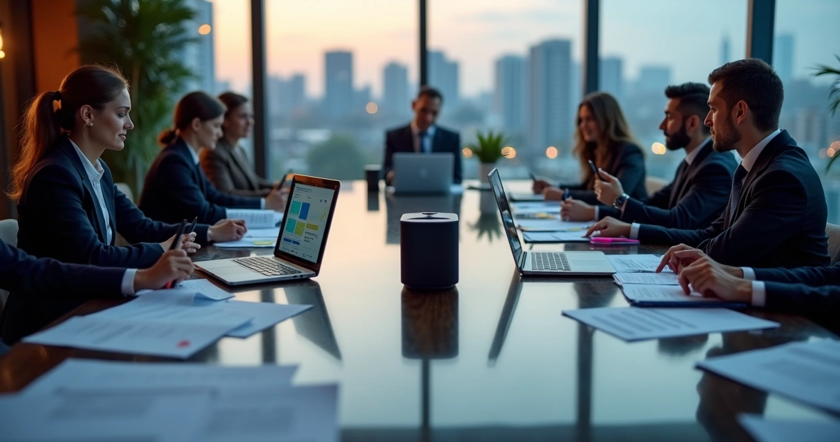 Comparação visual entre equipe terceirizada e software jurídico em escritório moderno