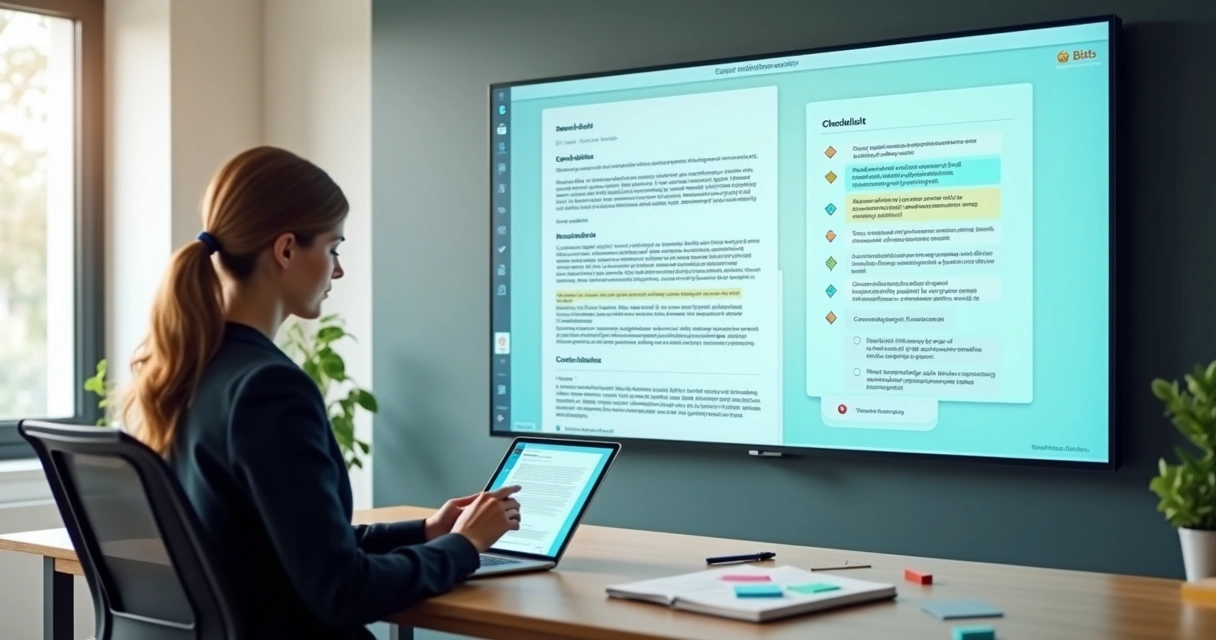 Profissional ajustando checklist digital de cláusulas contratuais em grande tela com destaque para serviços e honorários