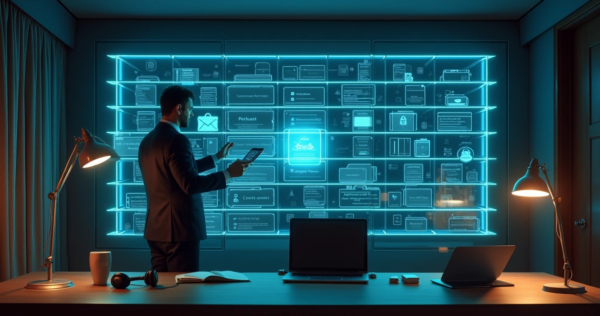 Gestor jurídico organizando documentos digitais em estantes virtuais de contratos