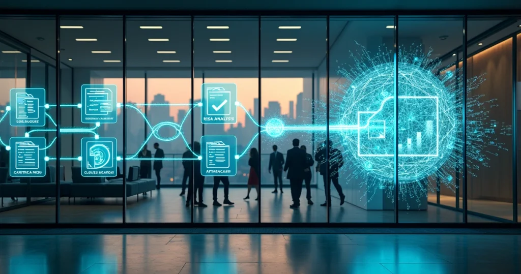 Painel com fluxo visual de contratos jurídicos conectados por inteligência artificial