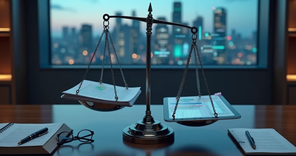 Balança jurídica equilibrando contrato impresso e painel digital de inteligência artificial